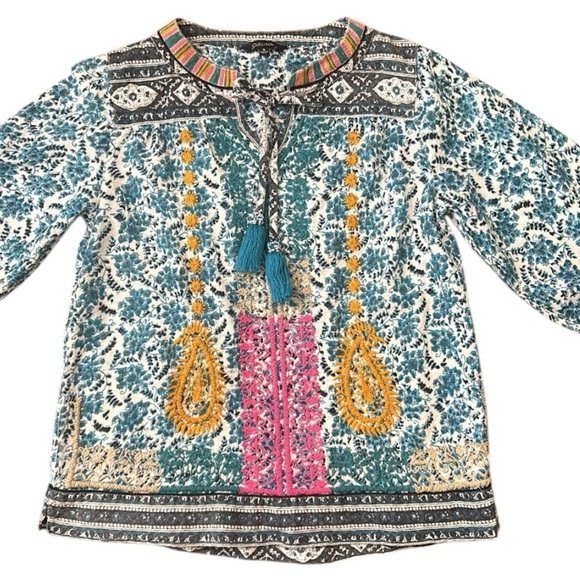 John Mark Boho Embroidered Floral 3/4 Sleeve Peasant Tunic Top Turquoise Small - Picture 8 of 15